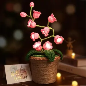 Lily of The Valley Lamp, Crochet Artificial Flowers with 10 Little Night Lights, Cordless Flower Bedside Lamps Small Table Lamp for Mothers Day,Birthday Gifts,Christmas,Valentine Home Decor (Pink)