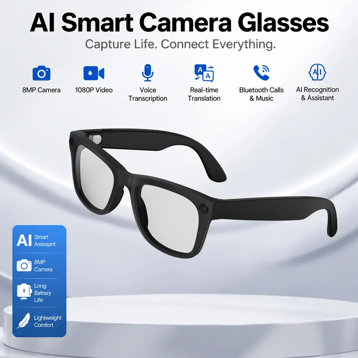 Wearable Rechargeable AI Smart Camera Glasses with 8MP Camera, 1080P HD Video Recording, AI Object Recognition & Translation, Voice Recording & Meeting Transcription, Bluetooth Music & Calls, Portable Charging Case for Travel, Cycling & Work
