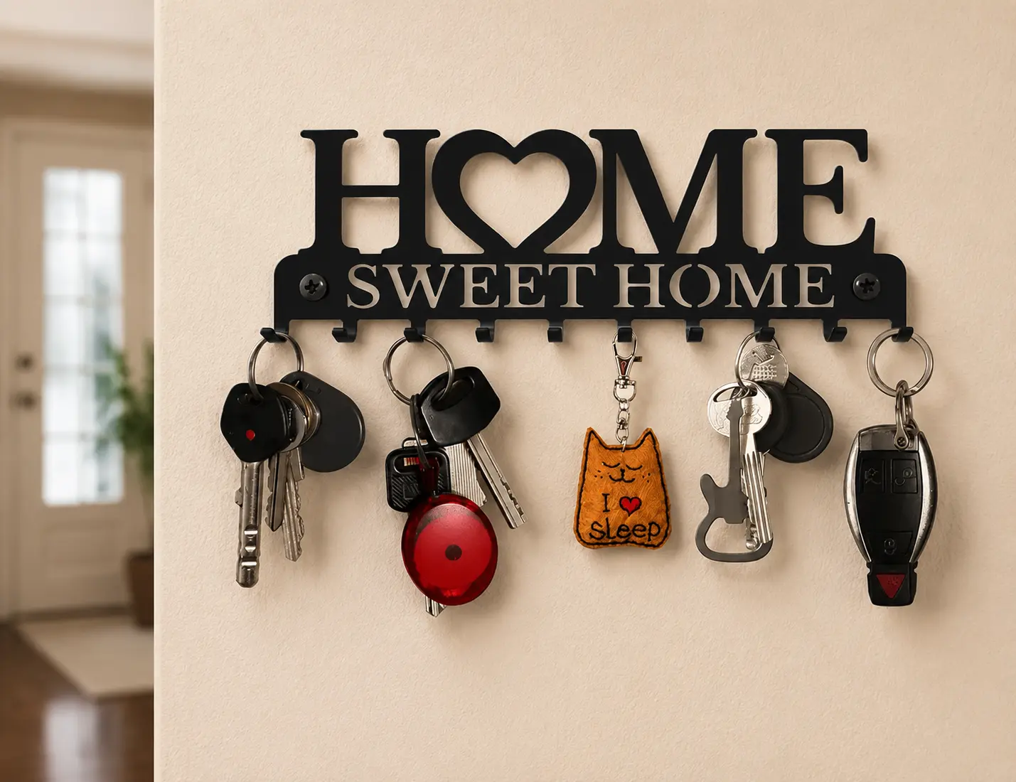 HOME SWEET HOME Key Holder for Wall - 10 Hook Key Rack Organizer for Entryway,  Wall Mounted Key Hanger for Keys, Hats, Leashes, Strong Metal Key Hook  with Screws, Housewarming Gift