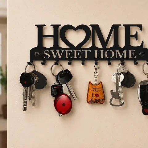 Wall-Mounted "HOME SWEET HOME" House Decor Key Holder with 10 Strong Metal Hooks - Installation-Included, Shelves-Compatible Entryway Decor Accessory with Screws for Hats, Leashes, Room Storage, Housewarming Gift