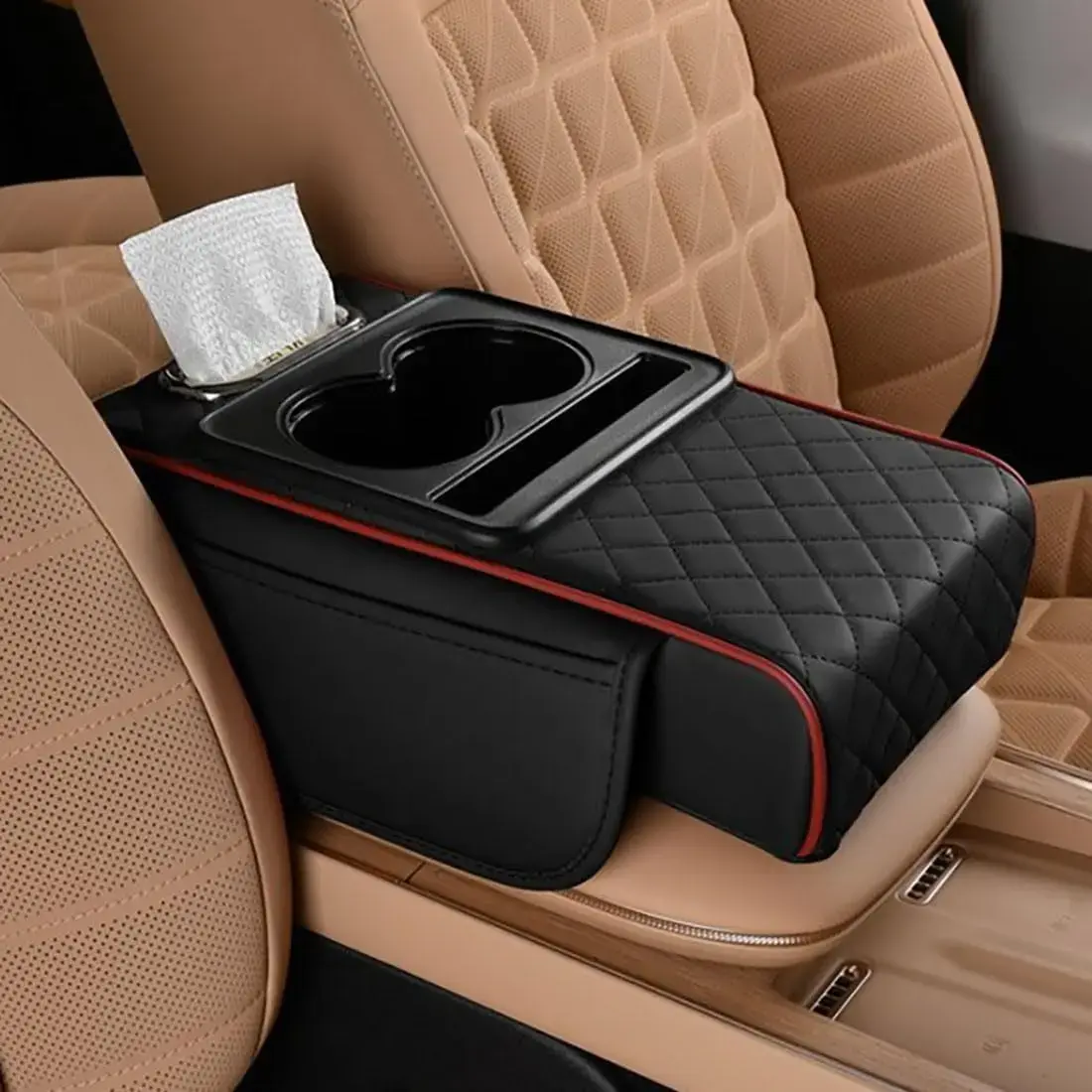 Gift for Father Car Armrest Cushion,5-in-1 Center Console Cover with 2 Storage Bags Cup Holder, Tissue Box Slot, Phone Slot for Sedans, Car Accessories Interior Organizers (Black red)#Summervibes