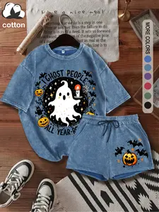 Washed cotton, two-piece suit for women "Halloween" Halloween ghost element pattern letter print T-shirt and shorts, casual short-sleeved T-shirt and shorts, women's four seasons two-piece suit, women's clothing