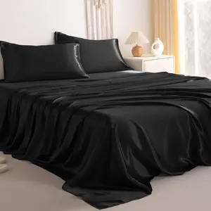 Silk Twin Sheet Set, 3-Piece Luxury and Soft Bedding Set Cooling Sheets for Hair and Skin, Includes 1 Pillowcase, 1 Flat Sheet, 1 Fitted Sheet with Deep, Black