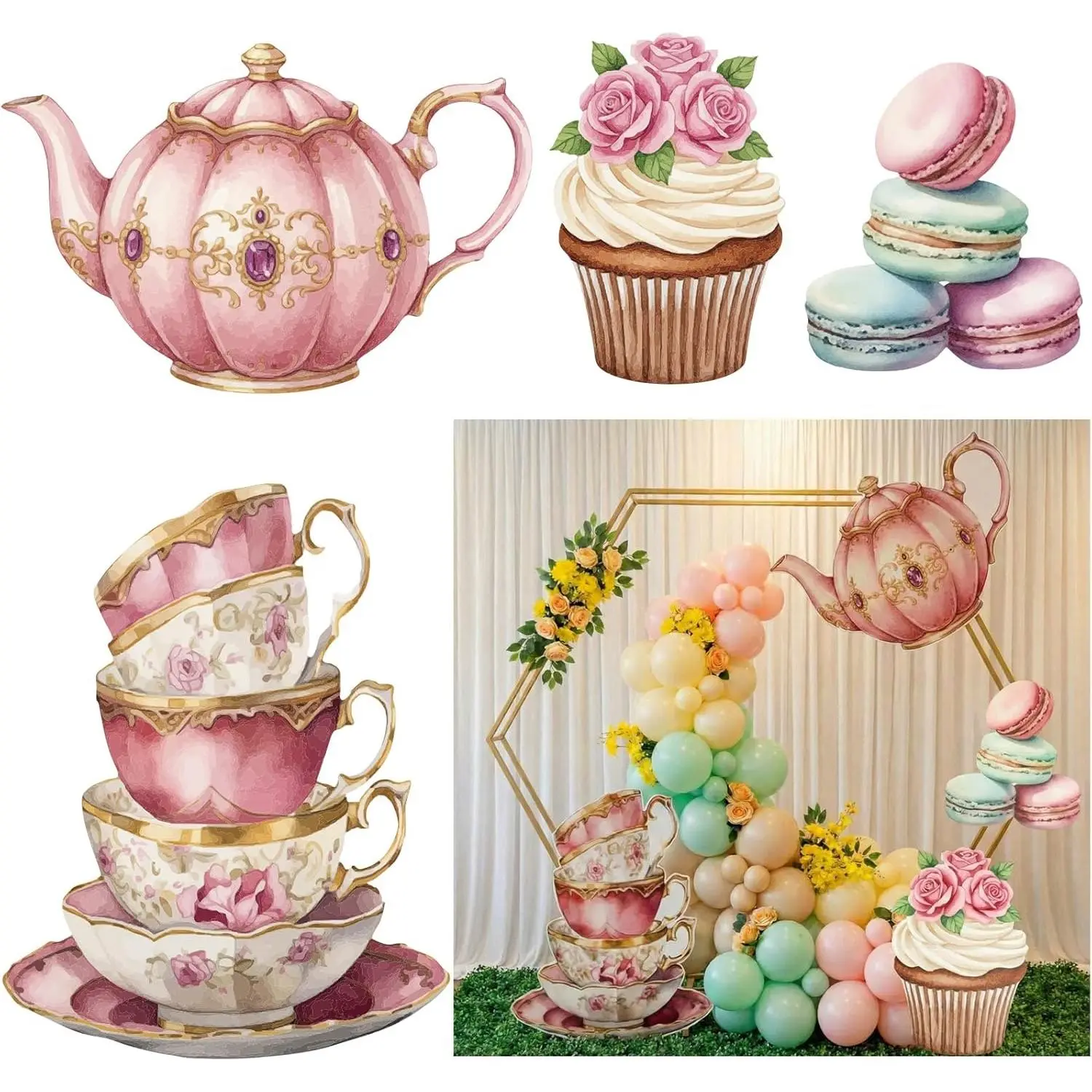 Novabright 4-Piece Large Flower Tea Party Decorations Set - Backdrop, Photo Booth Props, Signs, Table Centerpiece, Vintage Floral Teapot Tower, Cupcake & Macaron Cutouts for Birthday, Bridal Shower