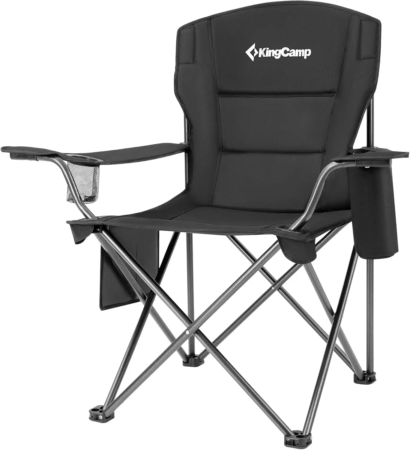 Oversized Heavy-Duty Padded Folding Outdoor Chair with Cooler Bag, Cup Holder & Lumbar Support, Portable for Camping, Tailgating & Patio, Black