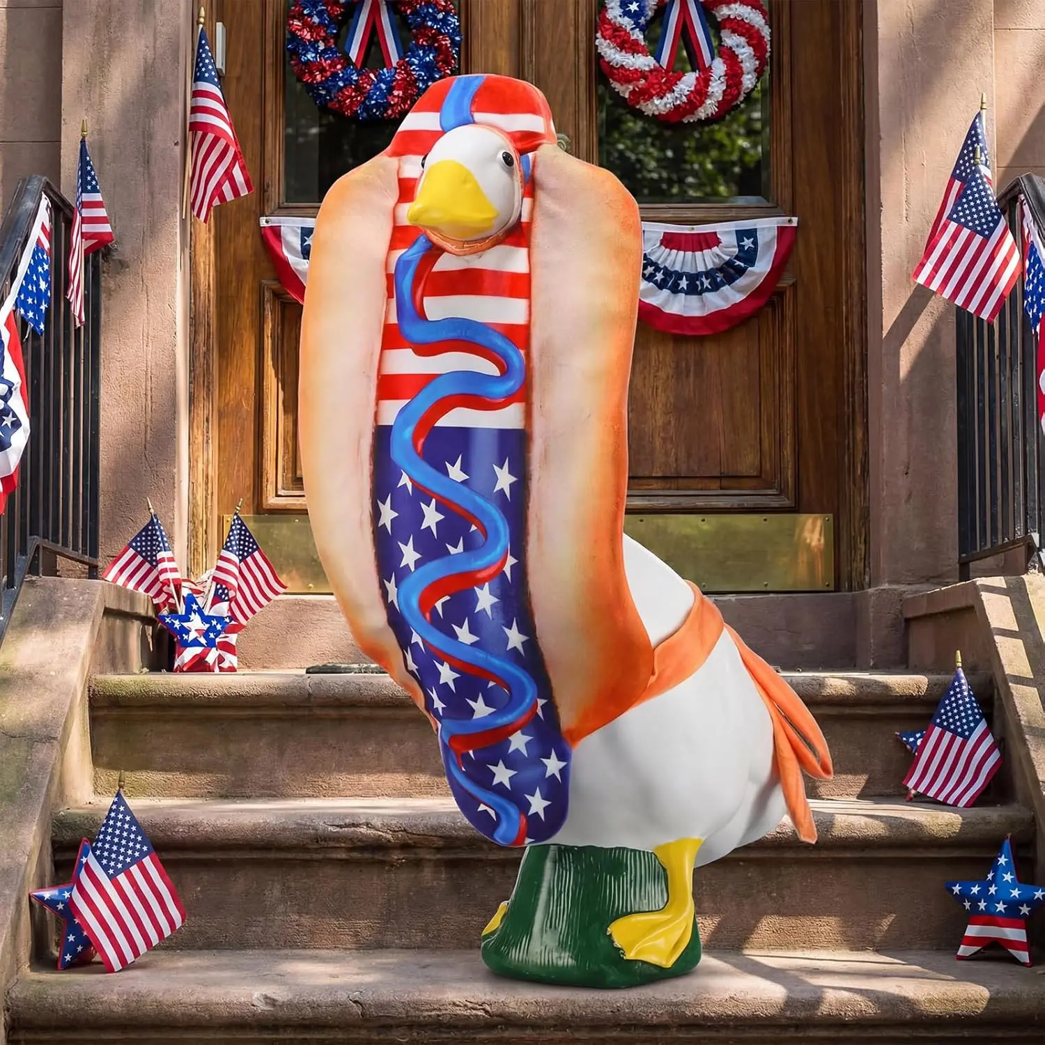 4th of July Porch Goose Outfit for 23" H 250th Anniversary Hot Dog Patriotic Goose Clothes American Flag Fits Independence Day Large Cement Statue Outdoor Patio Garden Yard Lawn Costume Decor