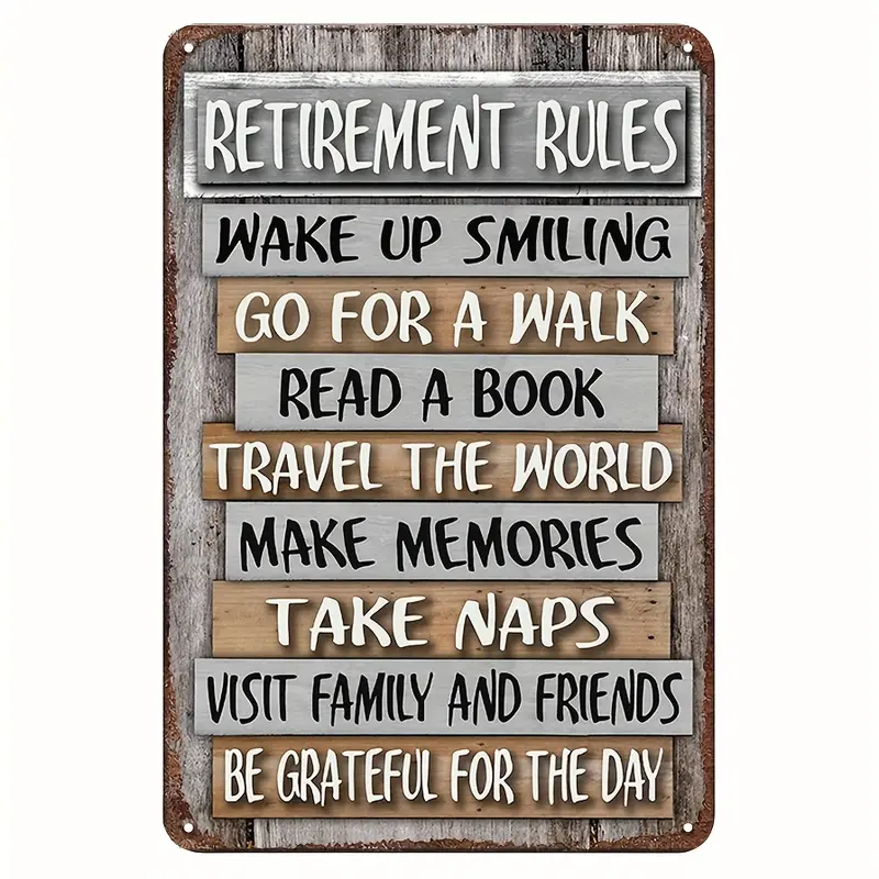 One Rustic Metal Iron Plate, 12x8 Inches, Quotes "Retirement Rules", Interior/ exterior Wall Decoration, Suitable for Living Room, Bedroom, Office, Garden, Retirement Party Gifts for Colleagues.