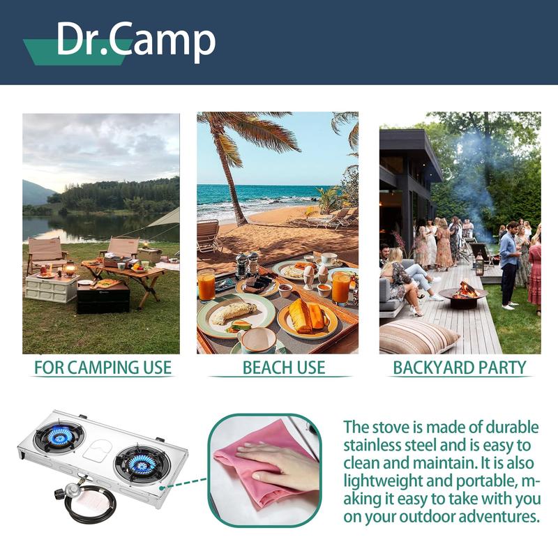 Dr.Camp 30000 BTU 2 burner outdoor garden camping camp hiking propane stove cooker grill with CSA listed regulator and gas hose, gray color