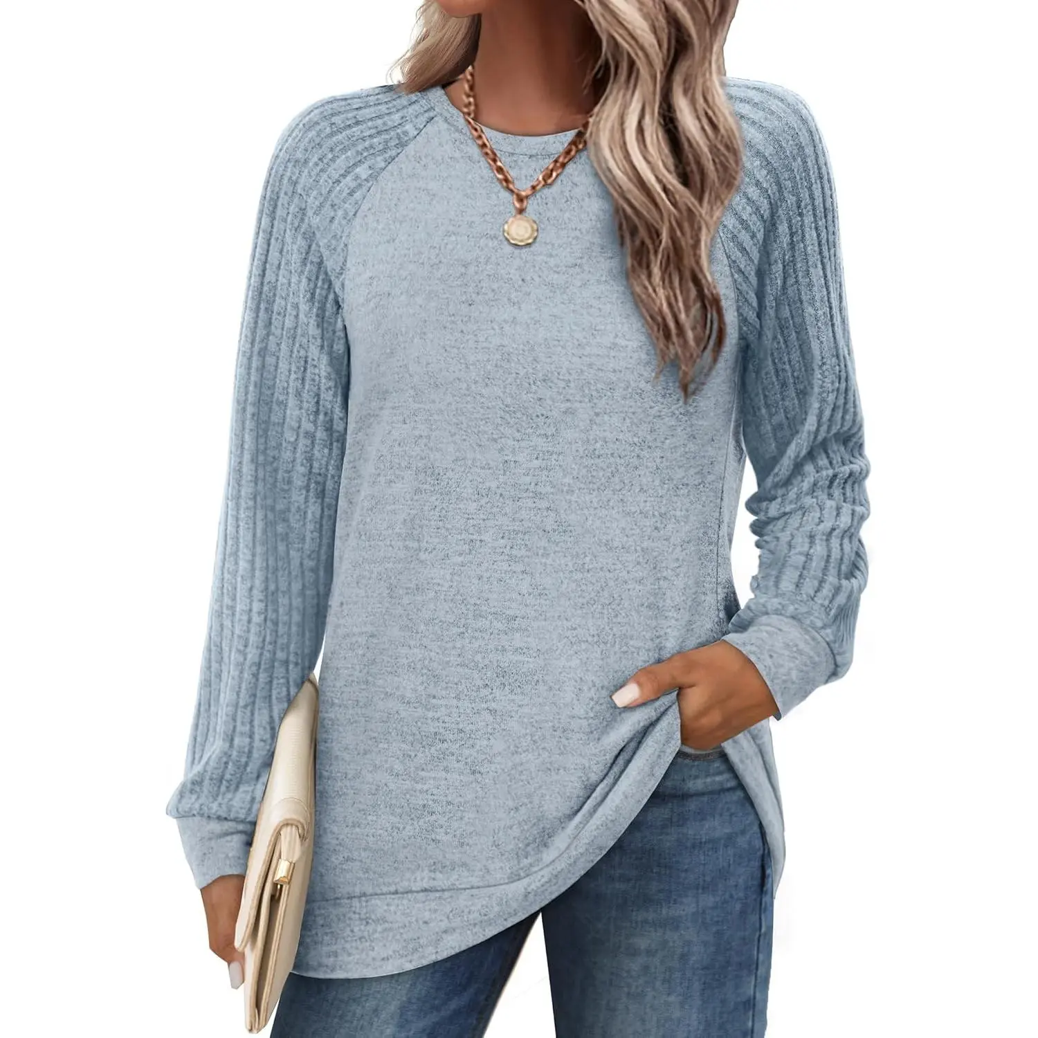 Women's Lightweight Tunic Sweatshirt, Dressy Casual Pullover with Textured Raglan Sleeves, Loose Fit Comfortable Fall Top, Ladies, Fabric, Longsleeves, Style, Round Neck