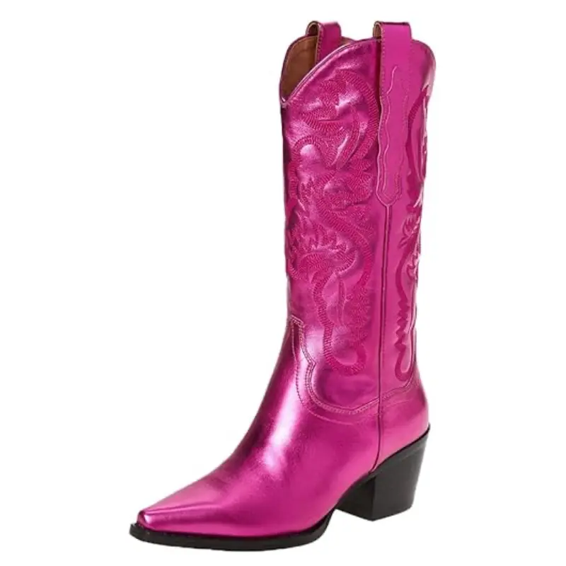 Women's Metallic Cowgirl Boots Cowboy Boots Pointed Toe Chunky Heel Pull On Western Boots Fashion Glitter Embroidery