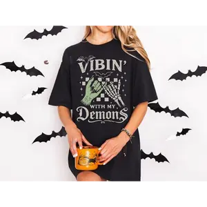Funny Halloween Vibin With My Demons Tshirt, Spooky Season Halloween Vibes Tee, Retro Halloween Vibes Shirt Tops Womenswear Streetwear