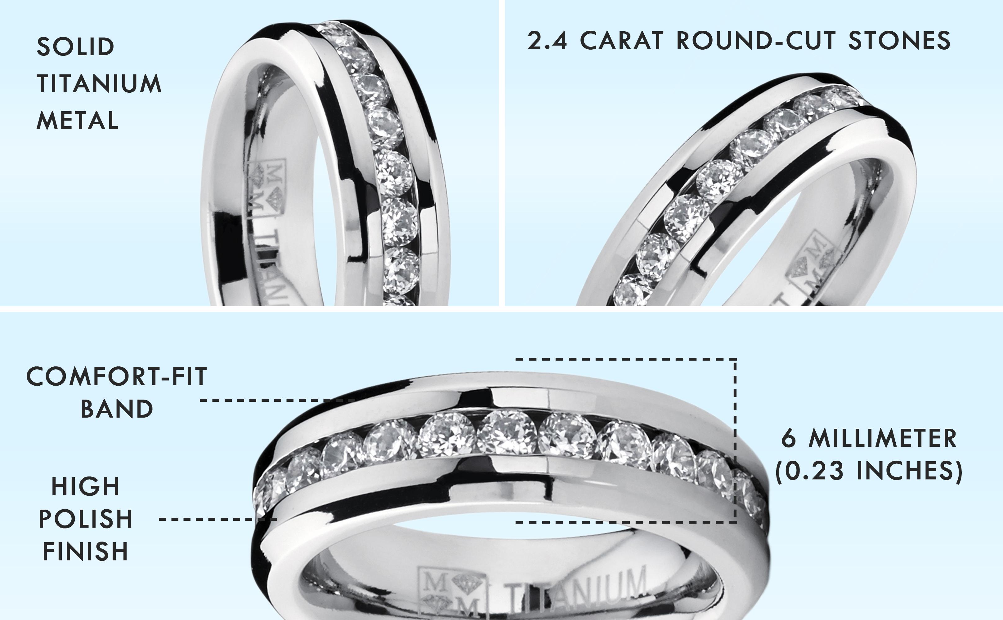 Women's Eternity Titanium Ring 2.4 Carats Cubic Zirconia Wedding CZ 6MM Sizes 4-9