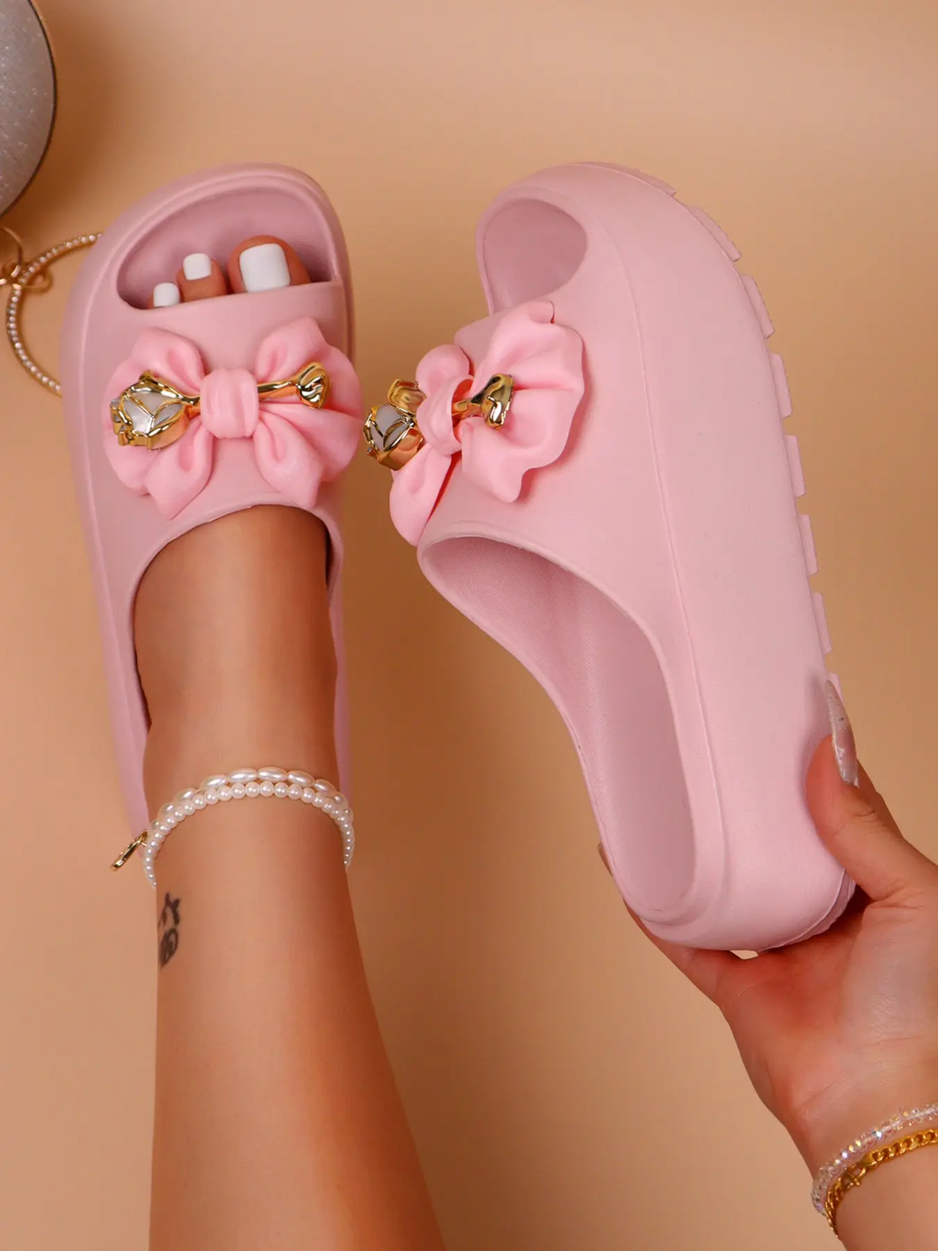 Women's Summer New Fashionable Sandals, Fashion Elegant Thick Sole Slippers, Open Toe Slides, Rose Flower & Bowknot Decor, Anti-Slip Eva Shoes, Thick Bottom Slippers, Thick Soled Slippers for Indoor Outdoor