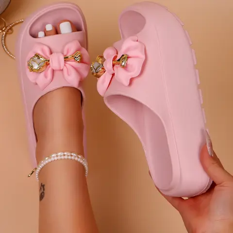 Women's Summer New Fashionable Sandals, Fashion Elegant Thick Sole Slippers, Open Toe Slides, Open Toed Slippers, Rose Flower & Bowknot Decor, Anti-Slip Eva Shoes, Thick Bottom Slippers, Thick Soled Slippers for Indoor Outdoor