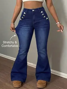 Women's Multi-Buckle Jeans, Washed Effect, High Quality, Casual Loose-Fitting Denim Jeans, All Seasons Wear, Plain Pattern