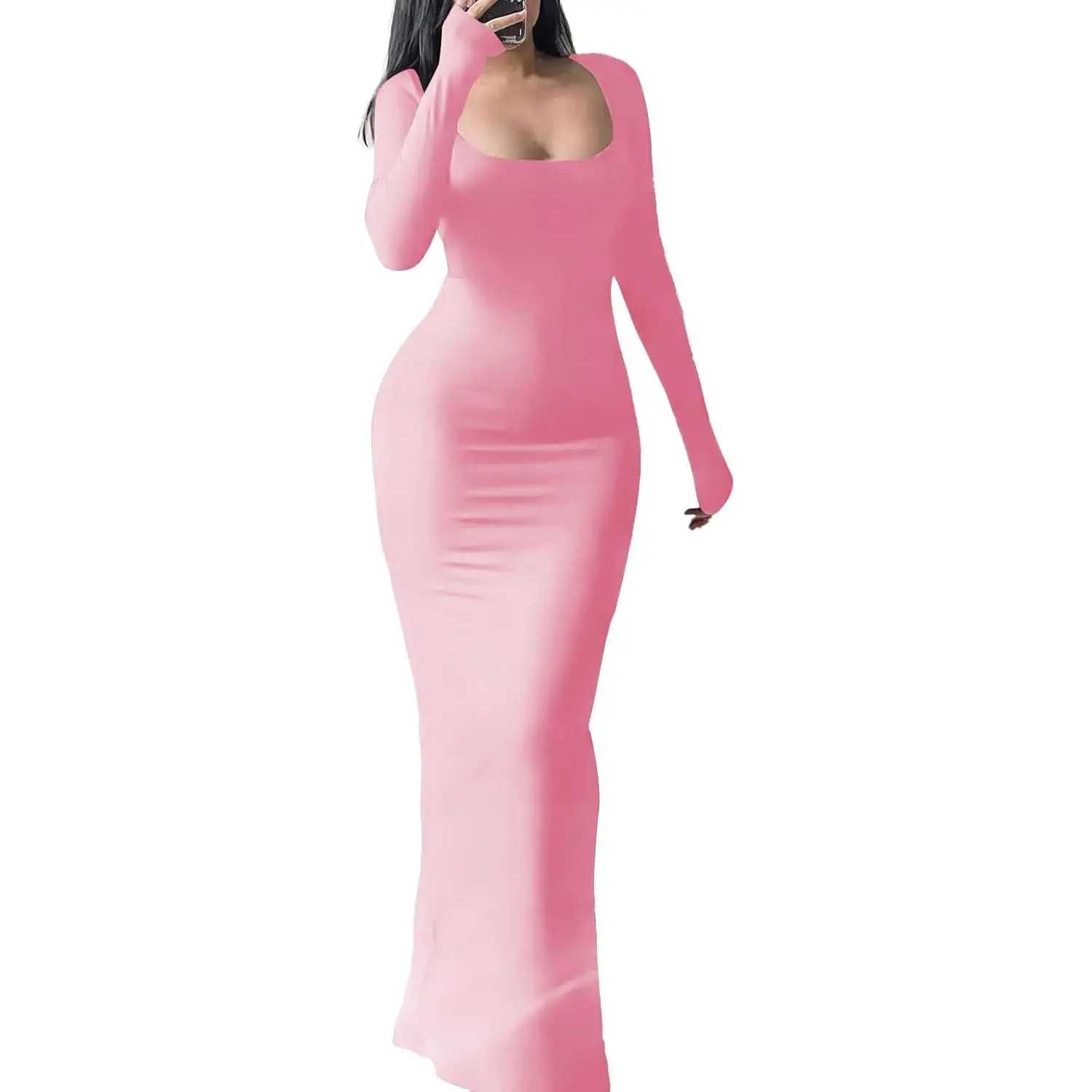Women's Bodycon Maxi Dress Long Sleeve Square Neck Lounge Dresses Sexy  Night Out Party Dress-Pink-L - TikTok Shop