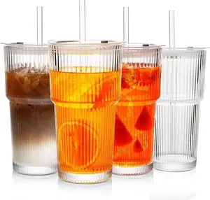8PCS Cutemoothies, Aesthetic Gift f Ribbed Drinking Glasses with Lids & Straws, Thick Clear Tumblers for Iced Coffee & Sor Girls, Perfect Easter & Mother's Day Surprise, Stylish Portable Reusable Drinkware