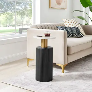 Fritz Midcentury Modern Column Side Accent Table with Textured Black Base Gold Metal Column Accents and Faux Marble Laminate Tabletop