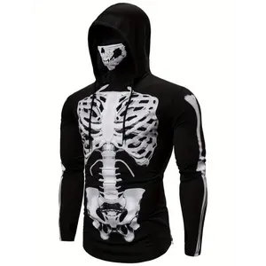 [Machine Washable Hoodie Mask] 1pc Men's Skeleton Print Hoodie, 100% Polyester Knit Fabric, Street Style Solid Color, Skinny Fit with Medium Stretch, Fall/Winter Season, Machine Washable - Halloween Costume, Middle East, Outdoor Mask