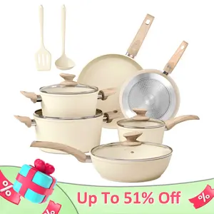 [Beige] Kitchen Academy Granite Pots and Pans Set Non Stick 12 Piece Cast Induction Cookware Set Beige Nonstick Kitchen Cooking Set w Frying Pans Saucepans