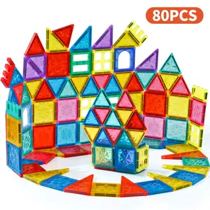 Christmas ToysNETNEW 80Pcs Magnetic Building Tiles - STEM Educational Toy for Creative Play 4D Diamond Cut Design PicassoTiles Colossal Styles Learning by Playing Bonding by Playing Creativity Beyond Imagination