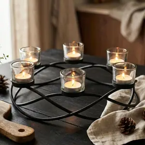 Iron Oval Table Decor Centerpiece Candle Holder for Weddings, Outdoor Patio, Kitchen, Dining Room, Coffee Tables, Glass Votive Tealight Holders, Black, 6 Clear Chunky Cups