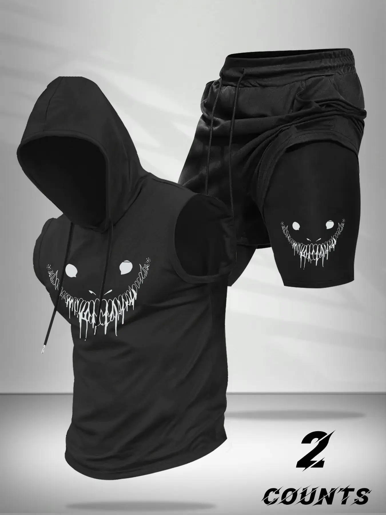 Men's Fashion 2-Piece Set, Monster Face Print Hooded Sleeveless Vest Top and Drawstring Waist Basketball Shorts, Casual Summer Outdoor Sports Wear, Sportswear Set, Gym Outfits, Athletic Sports Clothing, Fitness Clothes