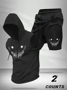Men's Fashion 2-Piece Set, Monster Face Print Hooded Sleeveless Vest Top and Drawstring Waist Basketball Shorts, Casual Summer Outdoor Sports Wear
