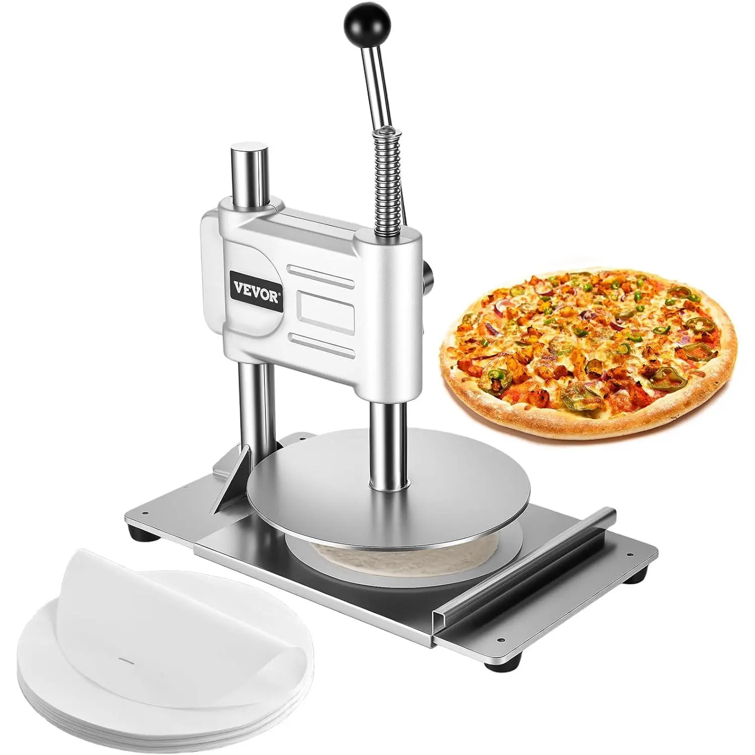 VEVOR Manual Pizza Dough Press Machine, 9.5 inch Stainless Steel Press Plate, Lever Handle Tool for Beginners, Low-Maintenance for Bakeries, Includes 100 Pcs Parchment Paper for Making Pizza & Pastries