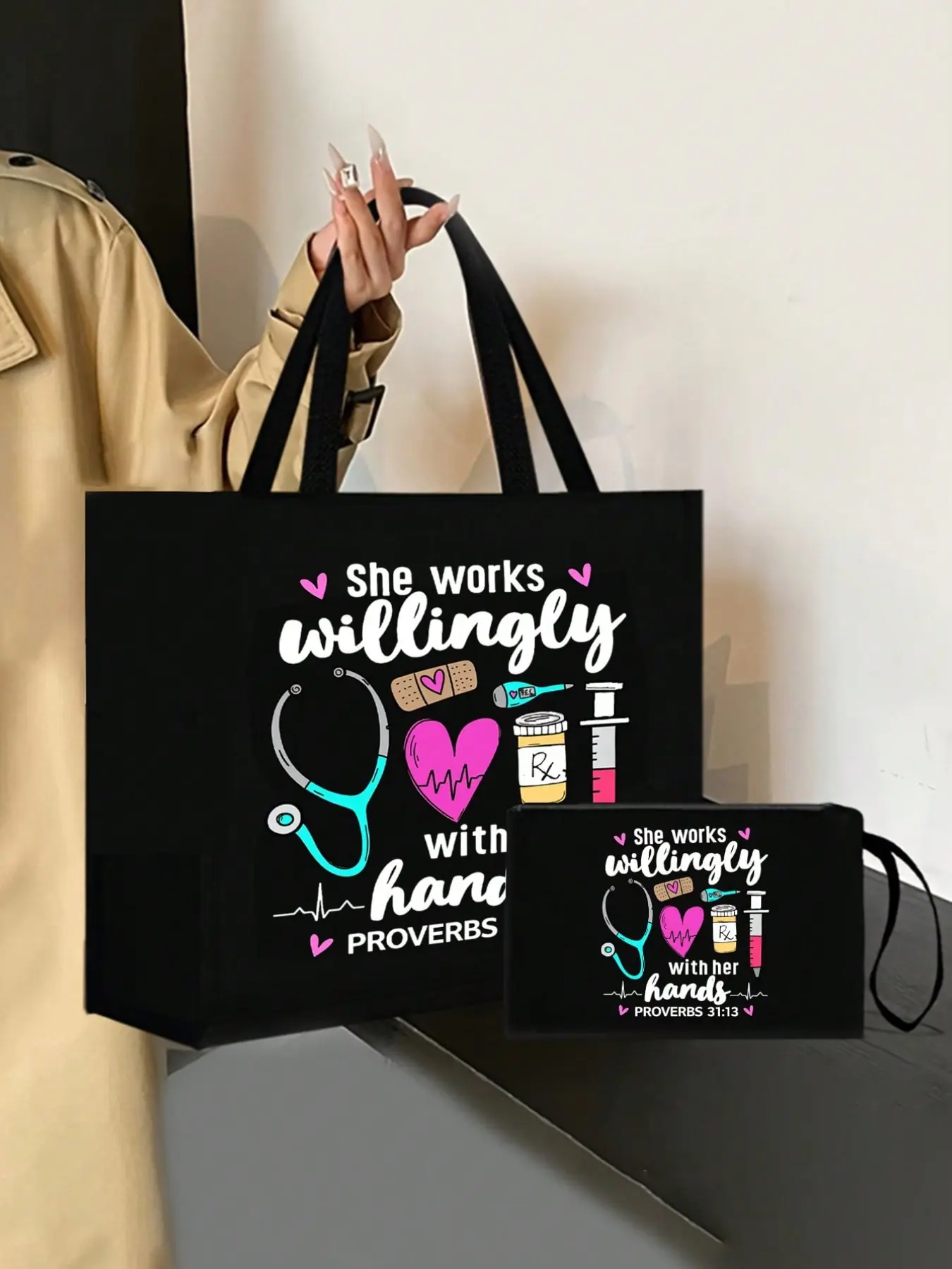 Nurse Theme Handbag and Makeup Bag Set, Cosmetic Bag, Cosmetics Bag, Cosmetic Travel Bags, Travel Beauty Bag, Medical Inspired Durable Fabric, Reusable Casual Shoulder Strap, Ideal Gift for Nurses and Doctors