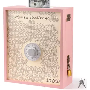10000 Money Saving Box with Lock, Large Wooden 10k Savings Challenge Box $10,000 Reusable Coin Money Challenge Cash Pink Saving Box Saver Tracker Number Piggy Bank for Adults Kids, Pink