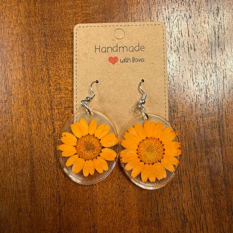 Orange Daisy Pressed Flower Resin Earrings | Handmade Round Dangle Earrings | Earth Flower Co.