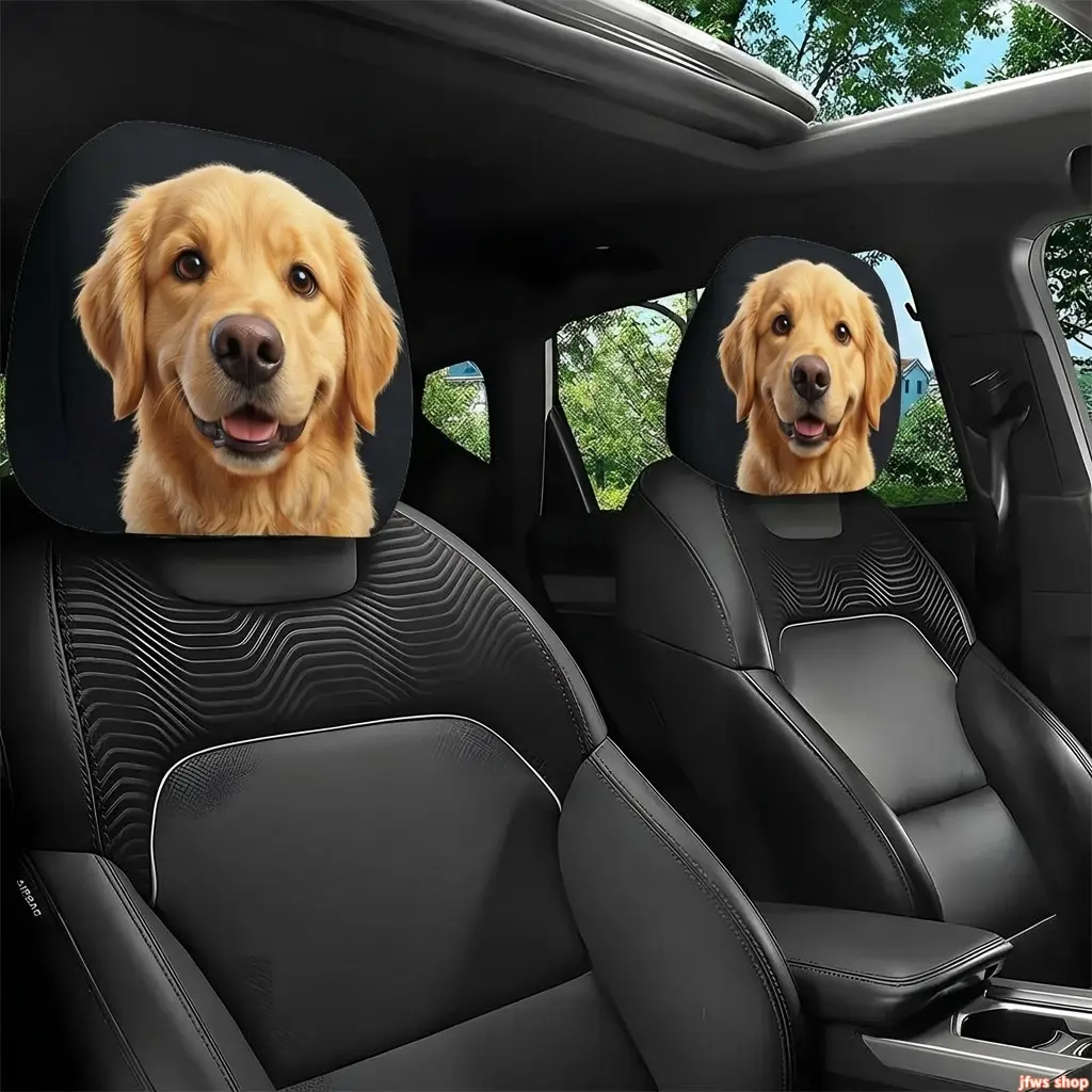 2pcs Funny Golden Retriever Print Car Headrest Covers - No Material Filling, Easy to Install & Washable, Travel-Friendly, All-Season Car Interior Additions DIY Bag Accessory, Funny Print, Cars Accessories homedecor