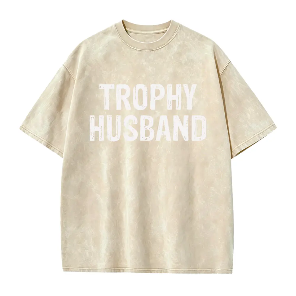 Crew Neck Tee for Men 'TROPHY HUSBAND' Bold Text Design Vintage Distressed Look Comfortable Fit for Casual Attire Ideal Gift for Him PLUS SIRetro Casual Short-sleeved T-shirt with a Round Neck