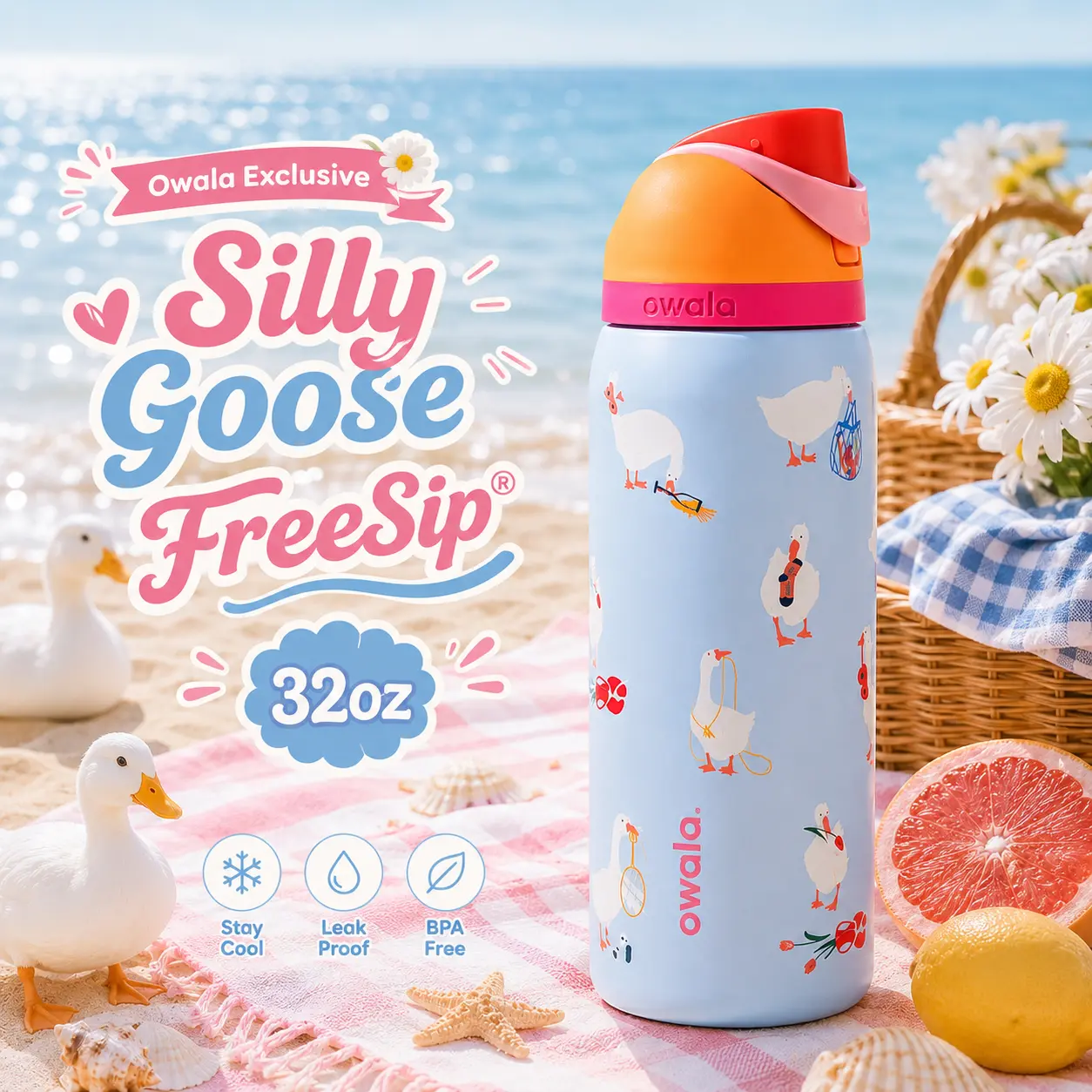 Owala FreeSip Silly Goose 32 oz Insulated Water Bottle with Built-In Straw, Limited Edition Blue Goose Print