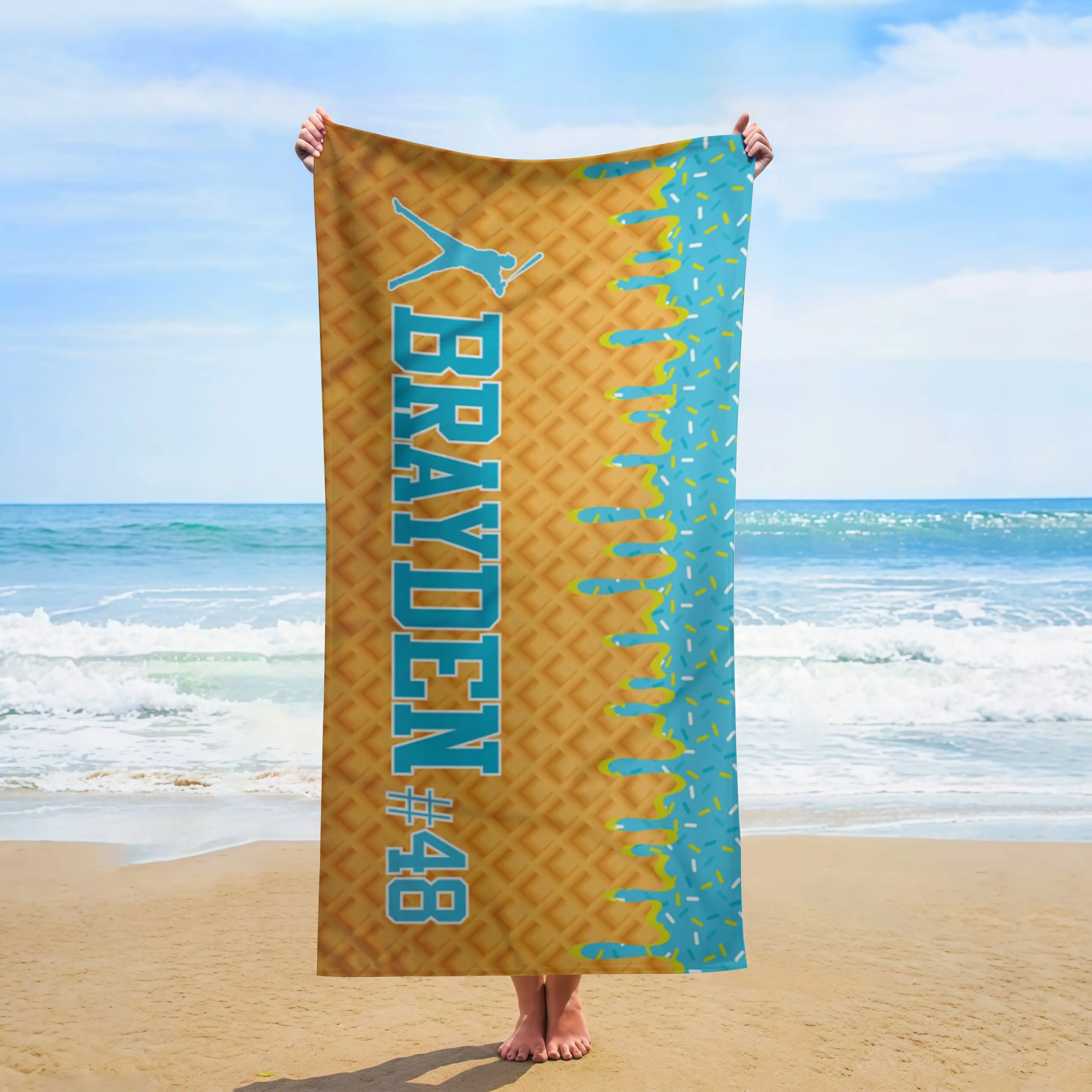 Personalized Baseball Beach Towel, Custom Name & Number Ice Cream Drip Waffle Print, 30"x60" Premium Long-Staple Cotton Towel, Ultra-Soft Highly Absorbent Lightweight Bath Towel Gift for Kids, Sports Lovers & Poolside