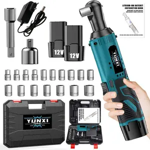 YUNXI Wireless Electric Ratchet Wrench Set 12V Rechargeable Lithium Battery Right Angle Power Tools for Car Maintenance Screw Nut Removal Milwaukee M12 Cordless Good Tools high torque power impact driver Brushless