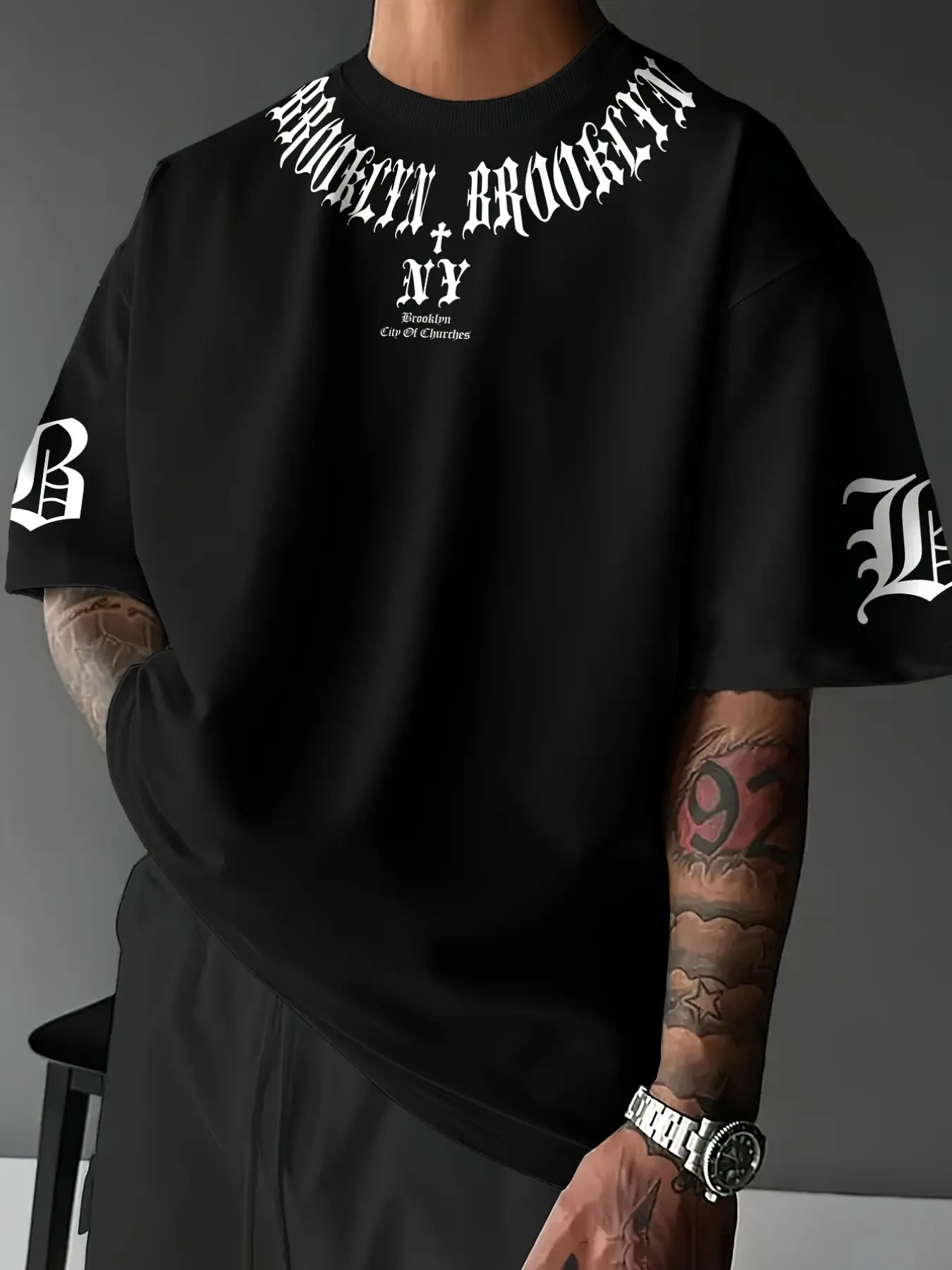 Premium Gothic Letter Print T-Shirt, Vintage Old English Typography Streetwear Casual Tee, Men's Y2K Aesthetic Graphic Top, Versatile Oversized Shirt for Hip-Hop Style & Night Out, Menswear