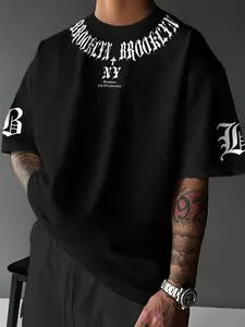 Premium Gothic Letter Print T-Shirt, Vintage Old English Typography Streetwear Tee, Men's Y2K Aesthetic Graphic Top, Versatile Oversized Shirt for Hip-Hop Style & Night Out.