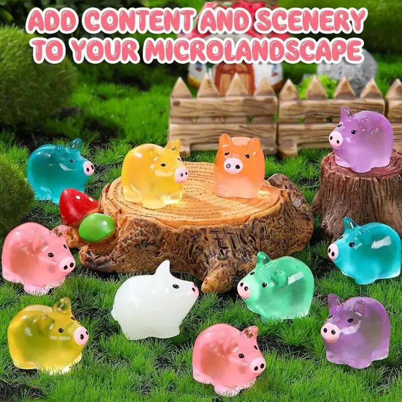 20pcs Mini Glow-in-the-Dark Resin Pig Figurines, Assorted Colors, Decorative Figurines - Cartoon Animal Sculptures for Garden Landscapes, Aquariums, and DIY Crafts, No Electricity Required, Whimsical Decor