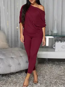 Women's Plus Size Fashion Solid Color Casual Style Set, Asymmetrical Shoulder Top & Fitted Long Pants, Spring Summer Essential Womenswear