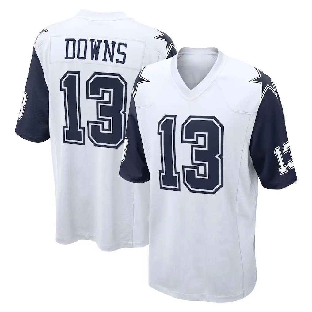 Full Print Dallas Cowbois Downs #13 White Football Jersey, Men's Breathable V Neck Short Sleeve Athletic Shirt, Team Game Uniform, Sports Fan Apparel, Unisex Gift for Football Fans