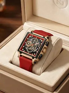 Men's Business Hollow-Out Elegant Square Dial Watch, Strong Luminescent Multifunctional, Silicone Breathable Strap, Casual Style, All Seasons, Luminous Waterproof Watch, Business Fashion Watches, Square Dial Wristwatch, Fashionable Watches