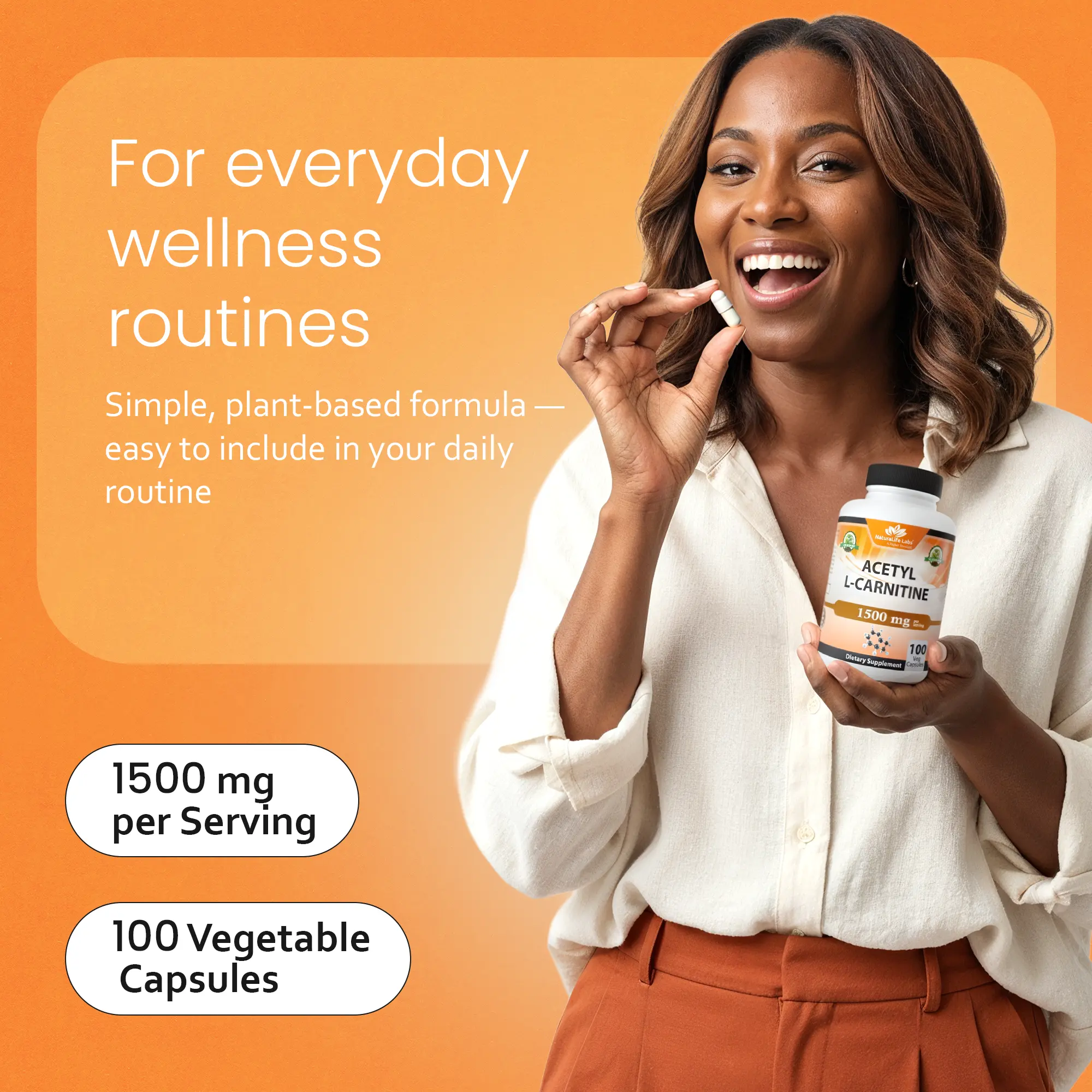 NaturaLife Labs Acetyl L-Carnitine (ALCAR) 1500 mg per Serving – 100  Capsules – Non-GMO, Gluten-Free, Vegan