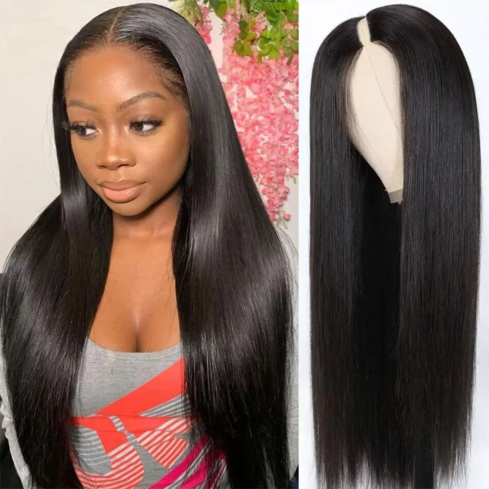 V Part Wig Human Hair Straight Glueless Wigs for Women Full Machine 100% Density Upgrade V Shape Clip in Half Wig No Leave Out or Small Leave Out Non Lace Front Wigs Natural Color 16-32 Inch