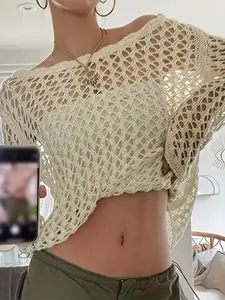 Women's Y2K Fashion Elegant Outdoor Beach Knit Top, Sun Protection Hollow Out Half-Transparent Sweater for Spring Summer Fall