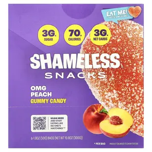 Shameless Snacks Gummy Candy, OMG Peach, 6 Bags, 1.8 oz (50 g) Each
