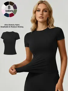 Women's Comfortable Breathable Short Sleeve Sports T-Shirt, High-Stretch Seamless Slim-Fit Top for Running & Yoga, Round Neck Waist-Cinching Gym Wear