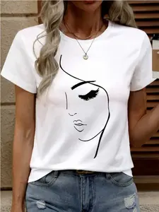 Oversize S~XXXXXL Cotton 100% Women's Casual Versatile Face Print Short Sleeve T-Shirt Graphic Tees Women Tops, made in USA Solid Womenswear