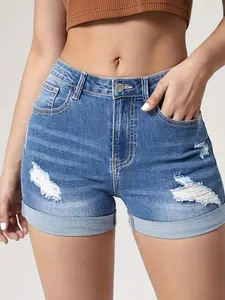 Women's Low-Rise Ripped Slim-Fit Denim Shorts, Womenswear Bottom for Summer Casual Streetwear